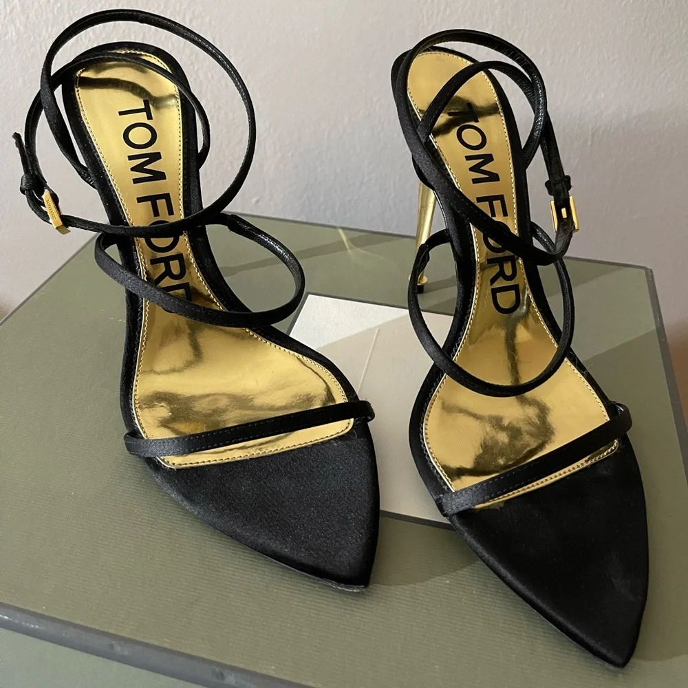 COPY - Black satin ankle strap with gold heel - Picture 2 of 12